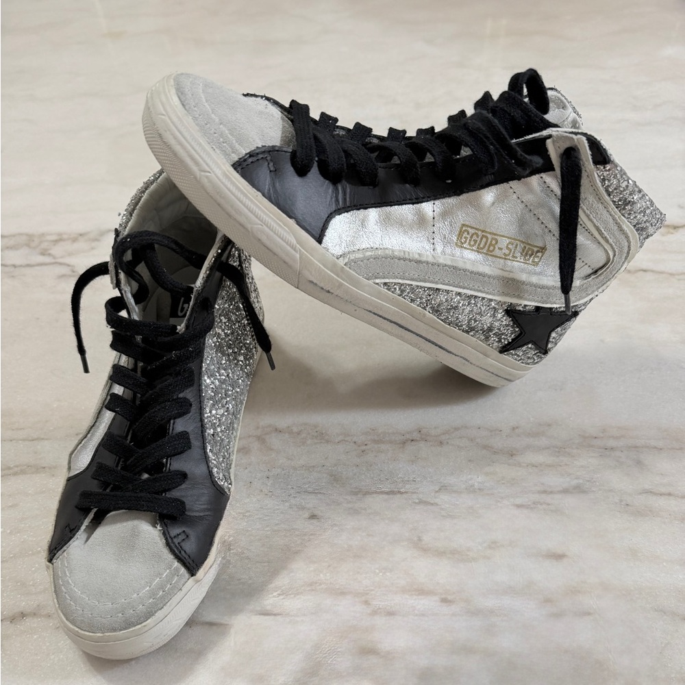 Golden Goose Slides with Silver Glitter & Black Star.  Size 36
